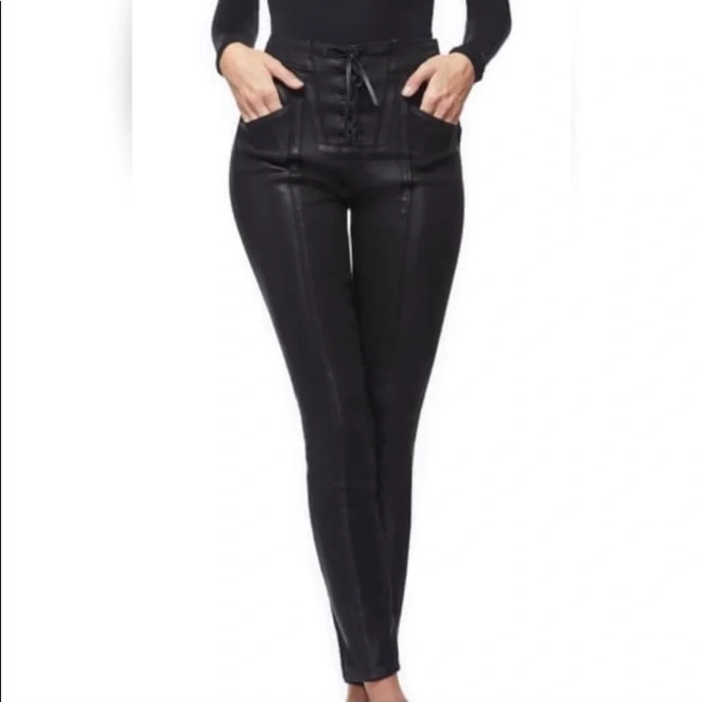 GOOD AMERICAN Good Waist Waxed Lace Up Waist Jeans - Black, Size 29, Lik…